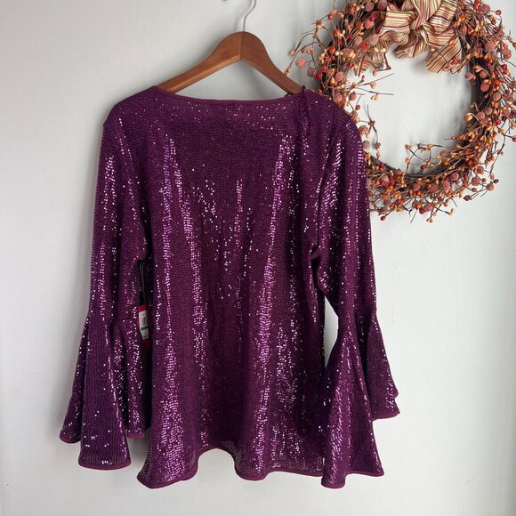 Vince Camuto Metallic Knit Flutter Sleeve Top LARGE Arresting Plum - Picture 5 of 10